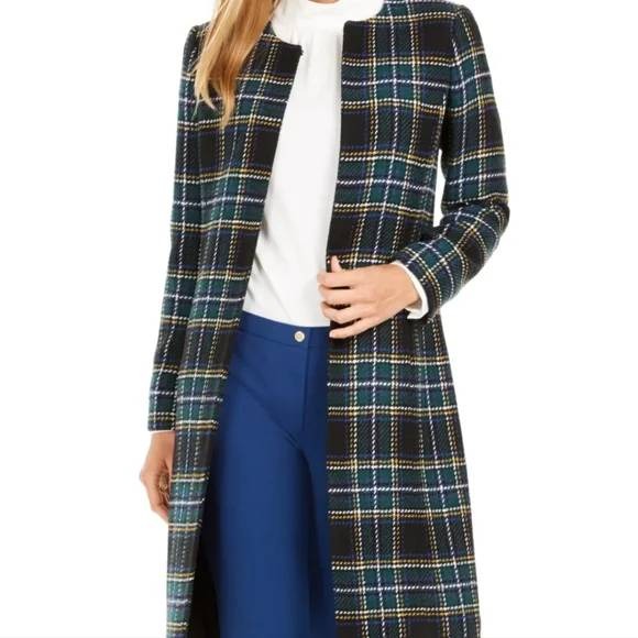 Calvin Klein Women's Wool Blend Plaid Collarless Car Coat Jacket Sz 2 Teal Navy
